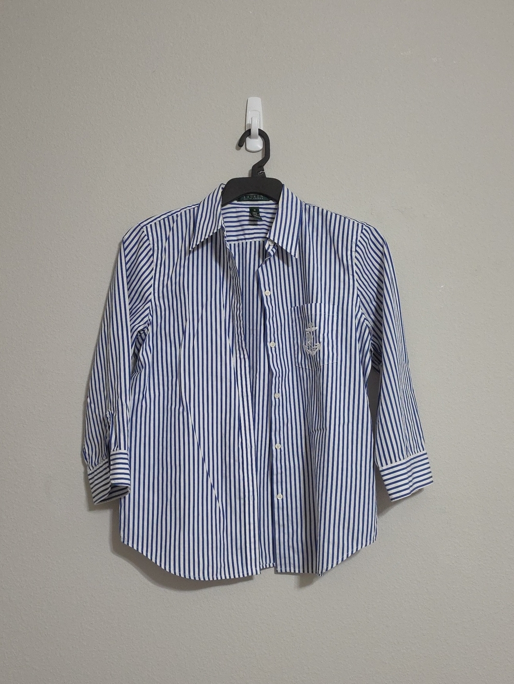 Women's Lauren Ralph Laure  Blue White Striped Button Down Shirt 100% Cotton - M